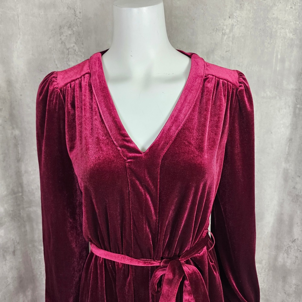 Draper James Womens S Wine Red Bishop L/S Belted Velvet Dress VNeck Mini Dress - Picture 3 of 10